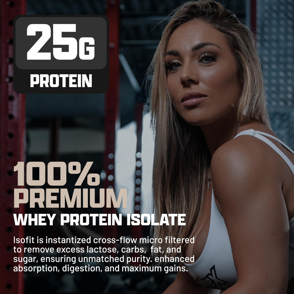 Nutrex IsoFit whey protein label clearly lists ingredients and purity.