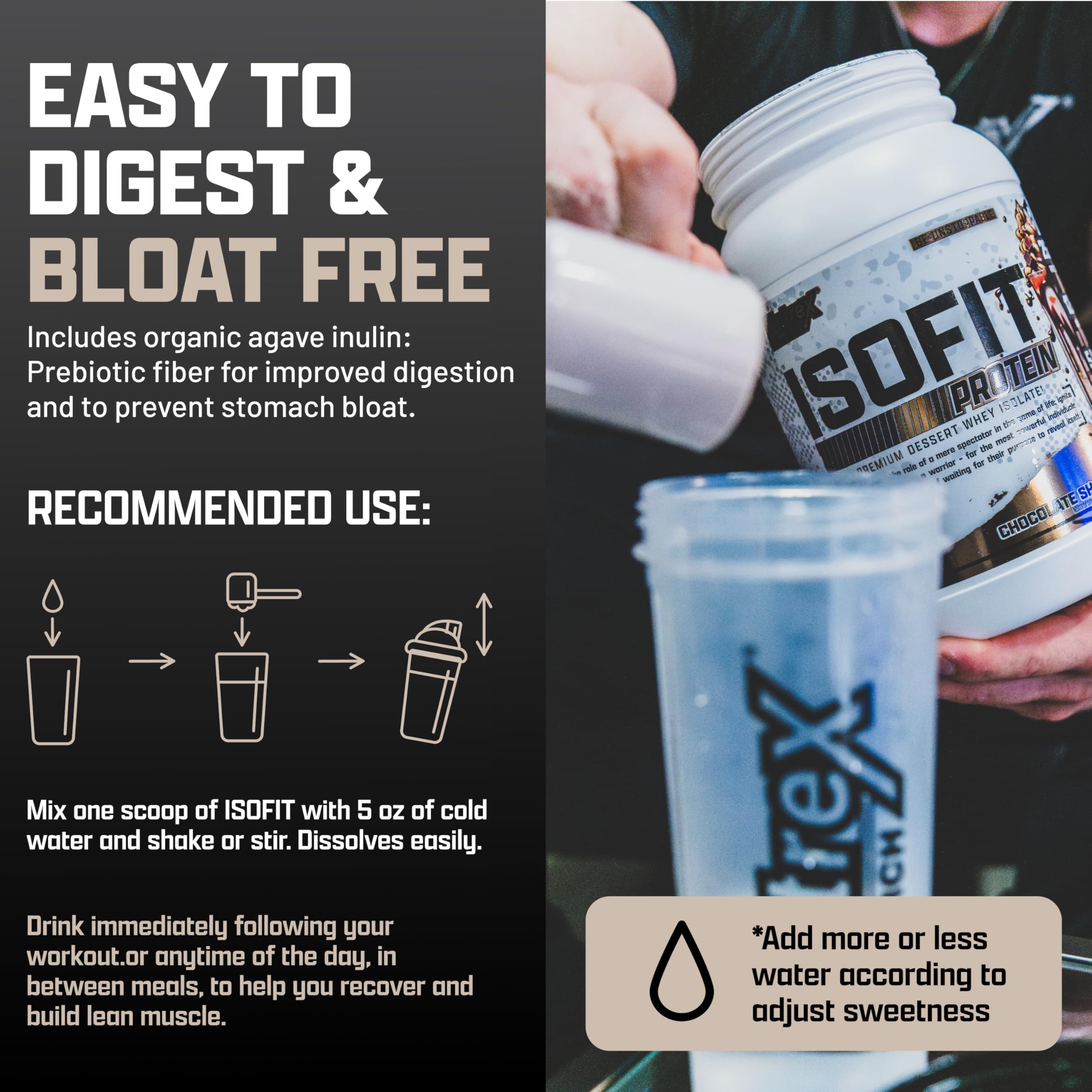 Nutrex IsoFit whey protein image suggests easy mixability in liquids.