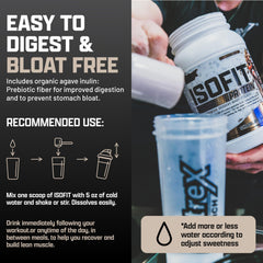 Nutrex IsoFit whey protein image suggests easy mixability in liquids.