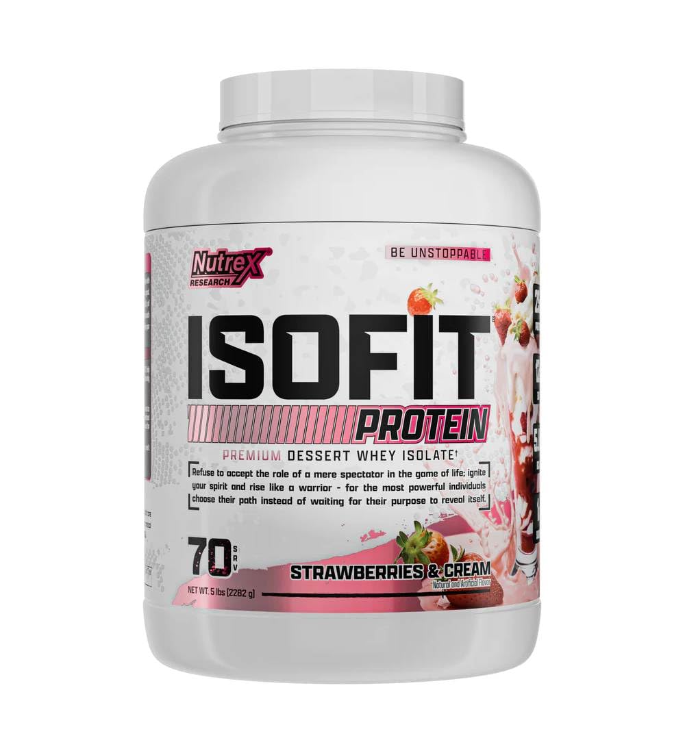 Nutrex IsoFit whey protein scoop closeup shows 25g protein per serving