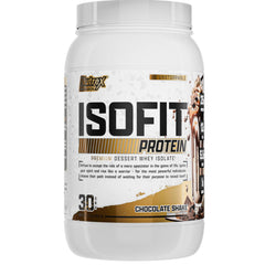 Nutrex IsoFit chocolate whey bottle for post-workout shakes.