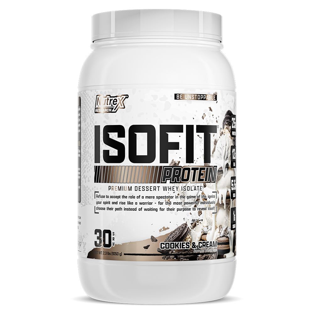 Nutrex IsoFit Cookies Cream whey protein powder supports lean muscle and fast recovery.