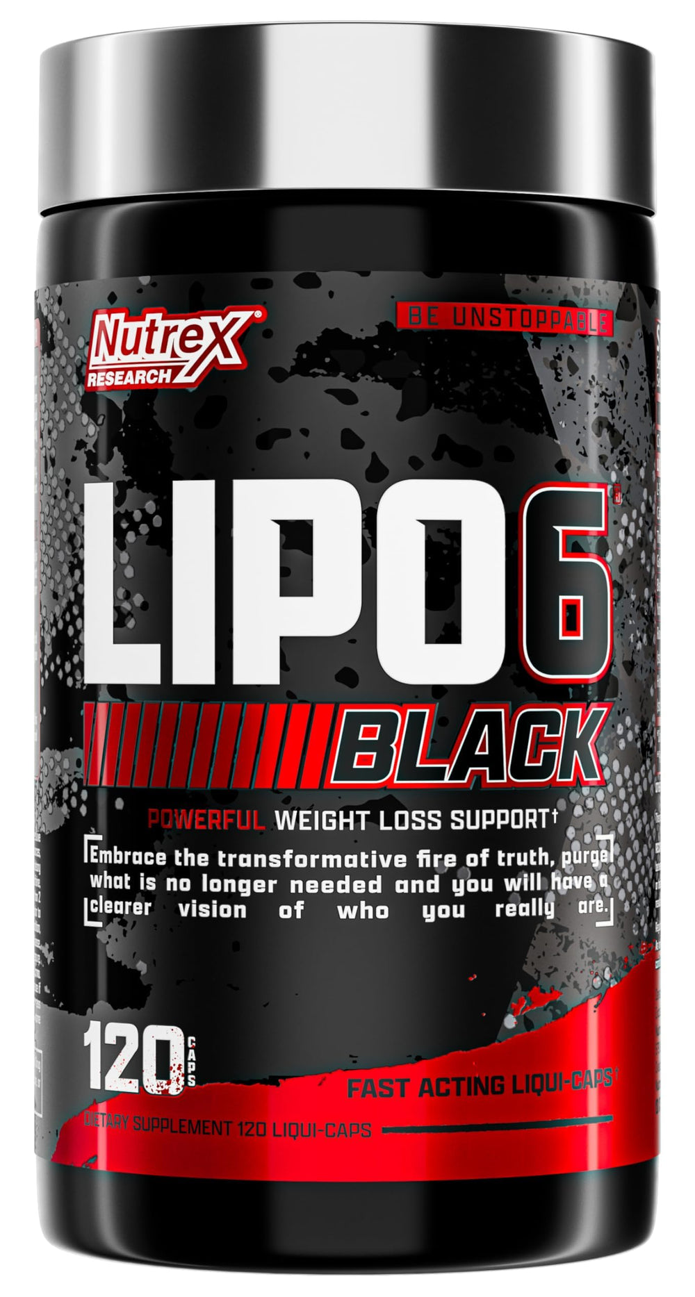 Nutrex Lipo-6 Black Max bottle front view, highlighting fast-acting energy potential during workouts.