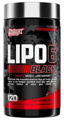 Nutrex Lipo-6 Black Max bottle front view, highlighting fast-acting energy potential during workouts.