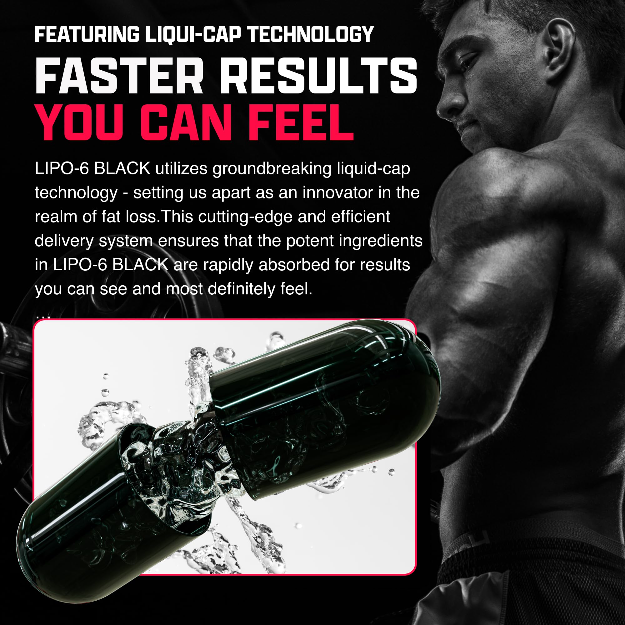Close-up of Lipo-6 Black Max liquid capsules for rapid absorption.