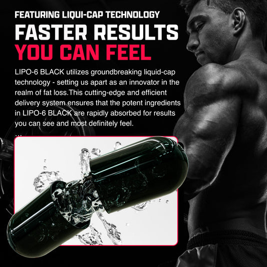 Close-up of Lipo-6 Black Max liquid capsules for rapid absorption.