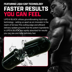 Close-up of Lipo-6 Black Max liquid capsules for rapid absorption.