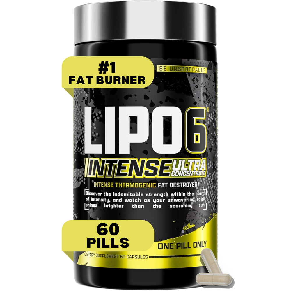 Nutrex Lipo6 Black Intense bottle front view, energy support for workouts