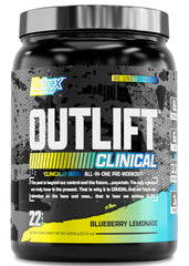 Nutrex Outlift tub with blue blueberry lemonade label highlighting a full-dose pre-workout formula