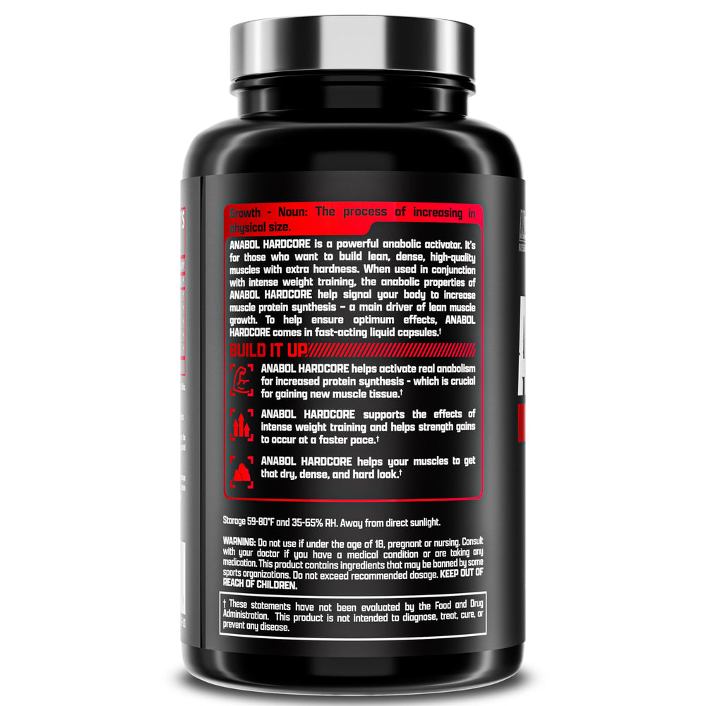 Nutrex Anabol Hardcore label close-up with vegetarian capsules for clean gains