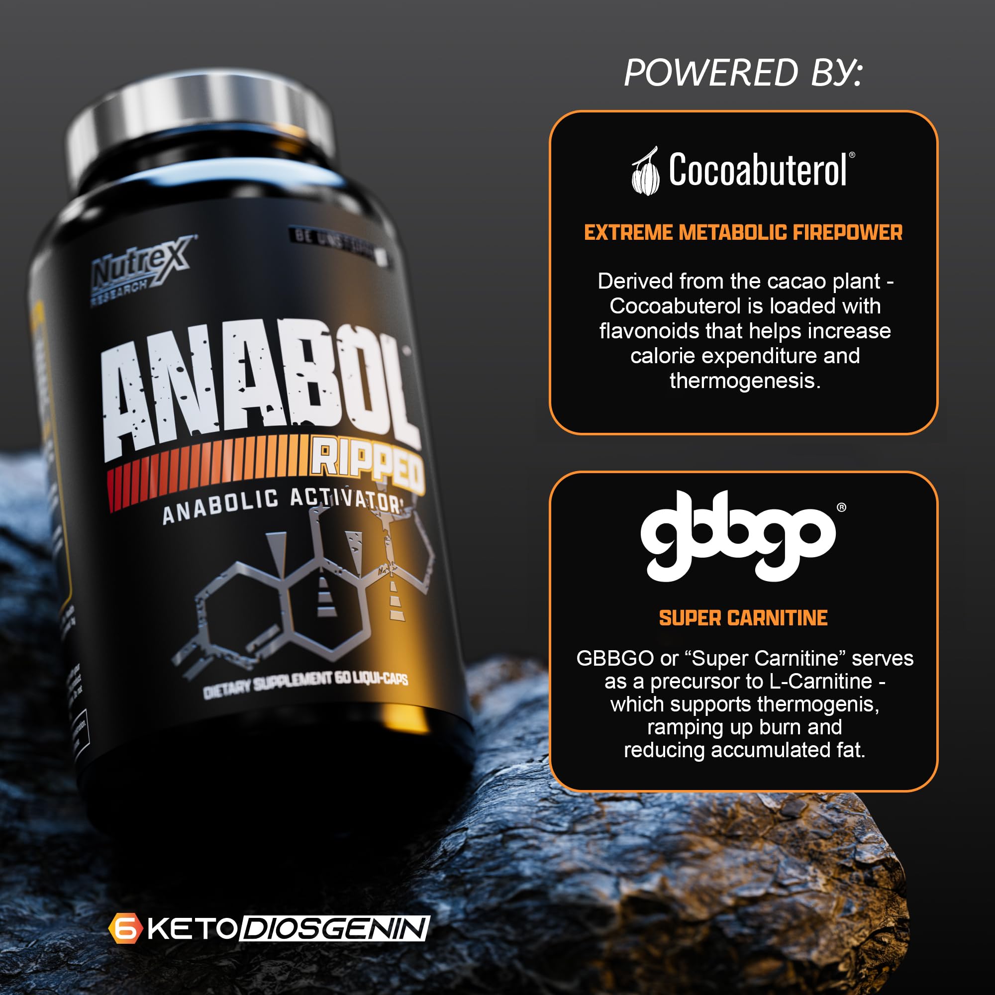 Nutrex Anabol Ripped container on gym bench for pre-workout stacking.