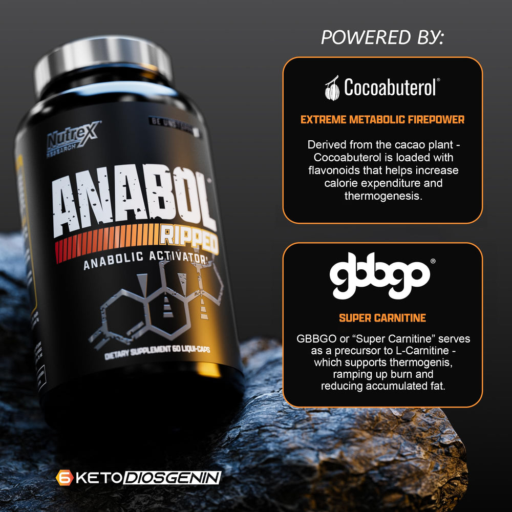 Nutrex Anabol Ripped container on gym bench for pre-workout stacking.