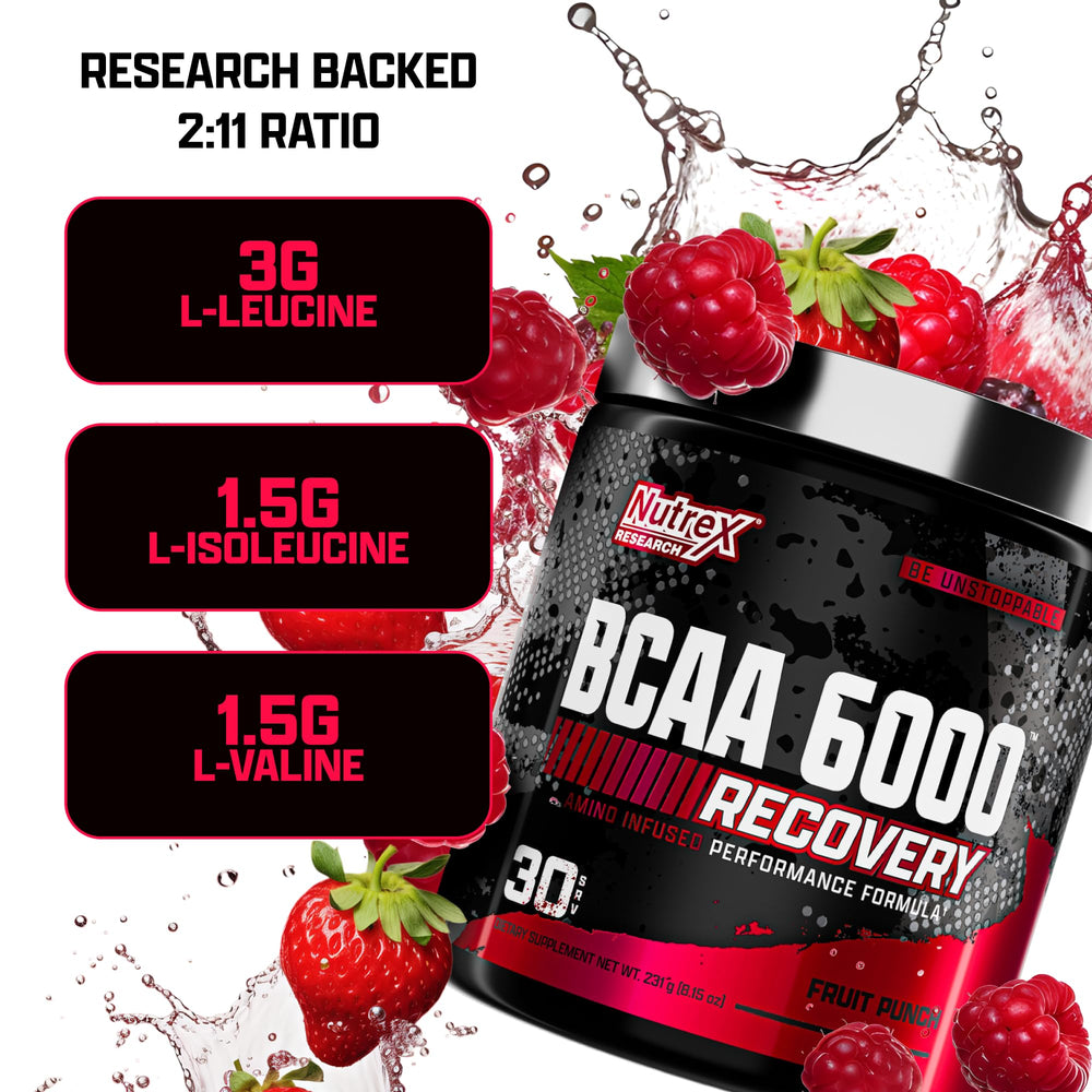 Nutrex Research BCAA Powder 6000 mixed with fruit punch in glass for endurance support.