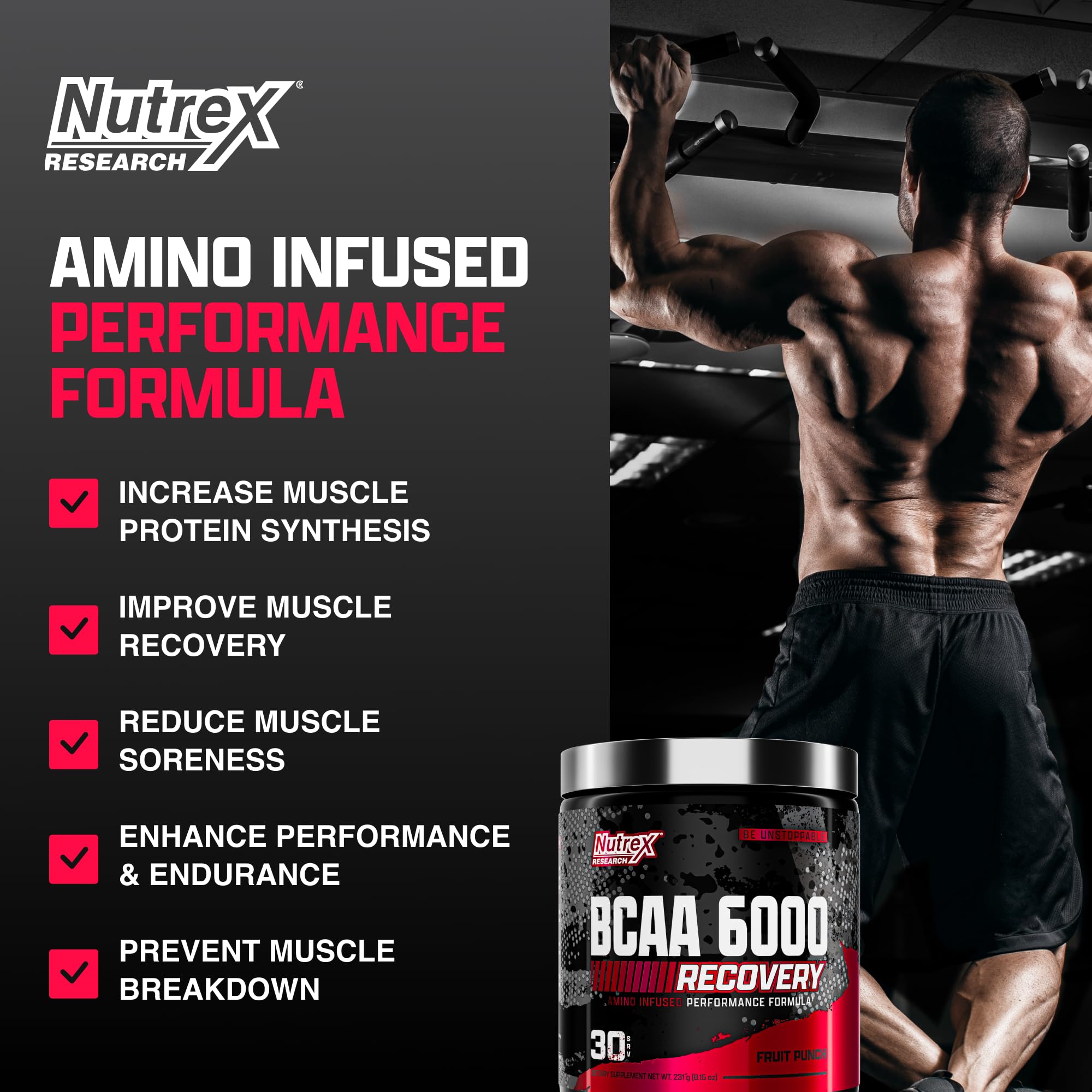 Nutrex Research BCAA Powder 6000 being poured for post-workout recovery.