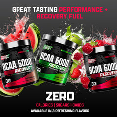 Nutrex Research BCAA Powder 6000 tub on gym counter for convenient daily use.