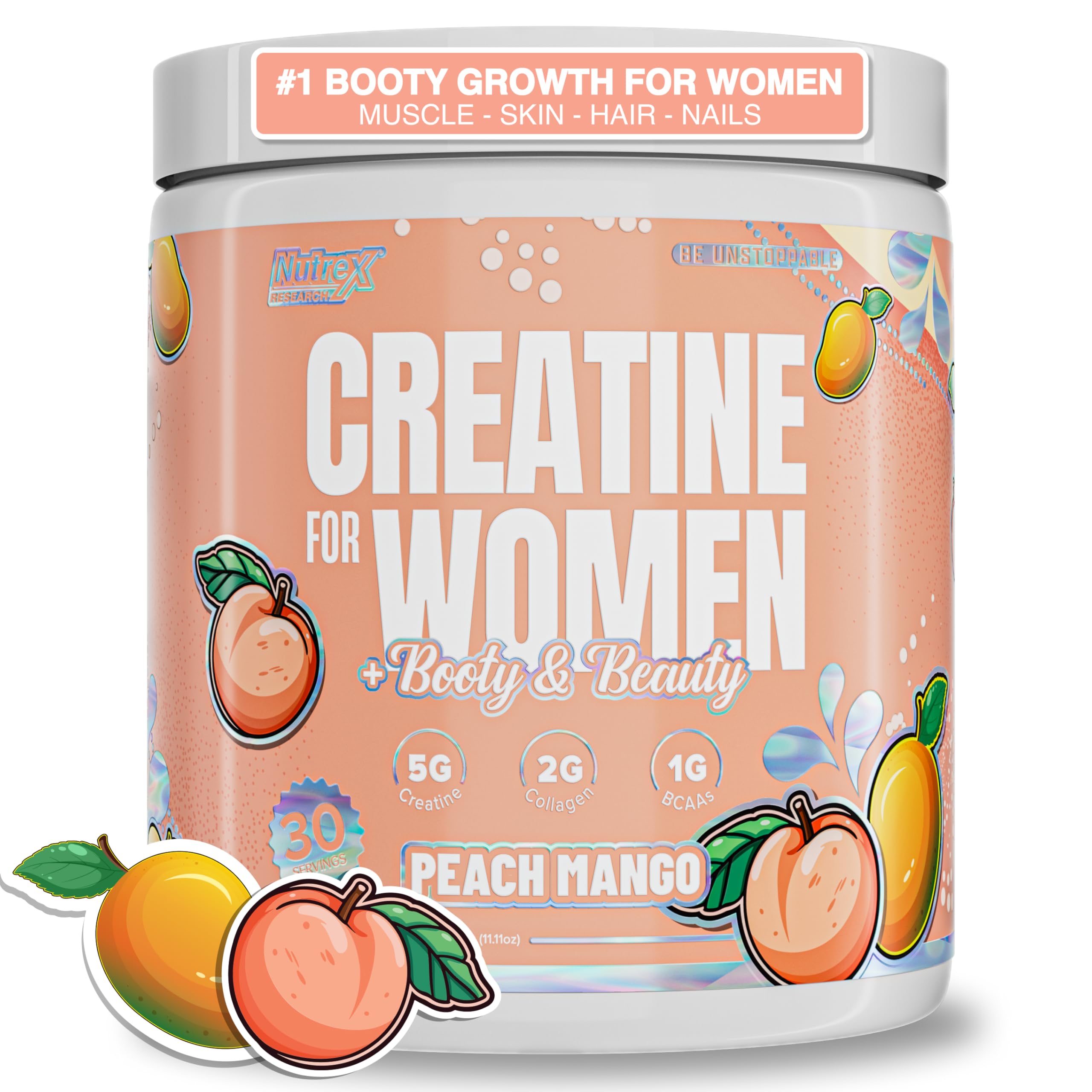 Nutrex Research Peach Mango creatine tub highlighting flavor and strength support.