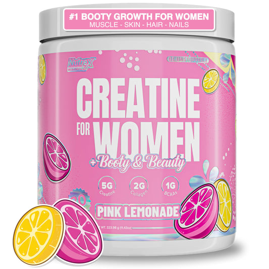 Nutrex Research Creatine for Women bottle in pink lemonade flavor ready for workouts