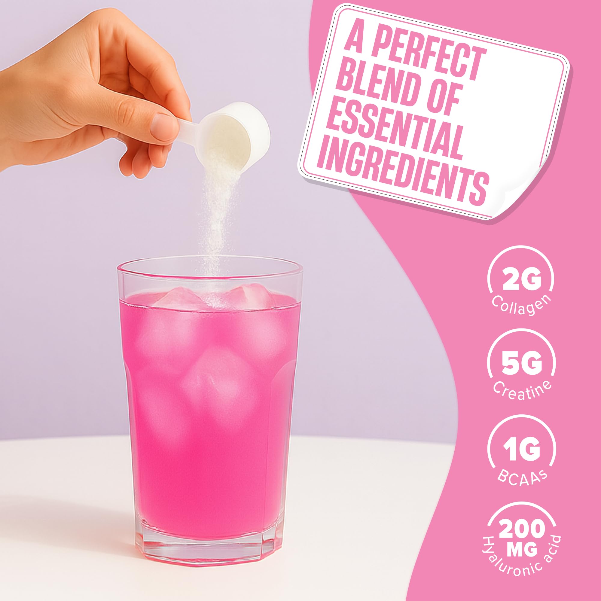 Prepared pink lemonade shake with creatine, collagen, and BCAAs after training