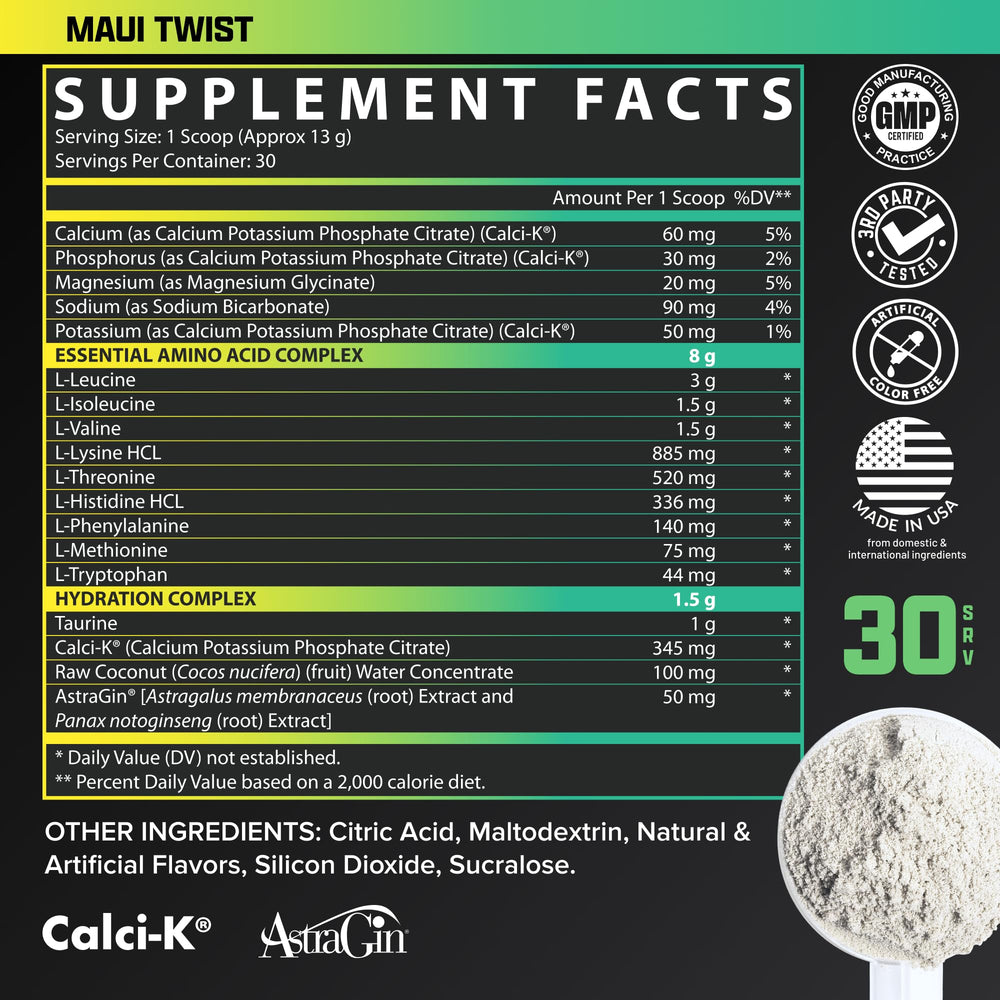 Nutrex Research EAA Hydration Maui Twist label detail emphasizes ingredients