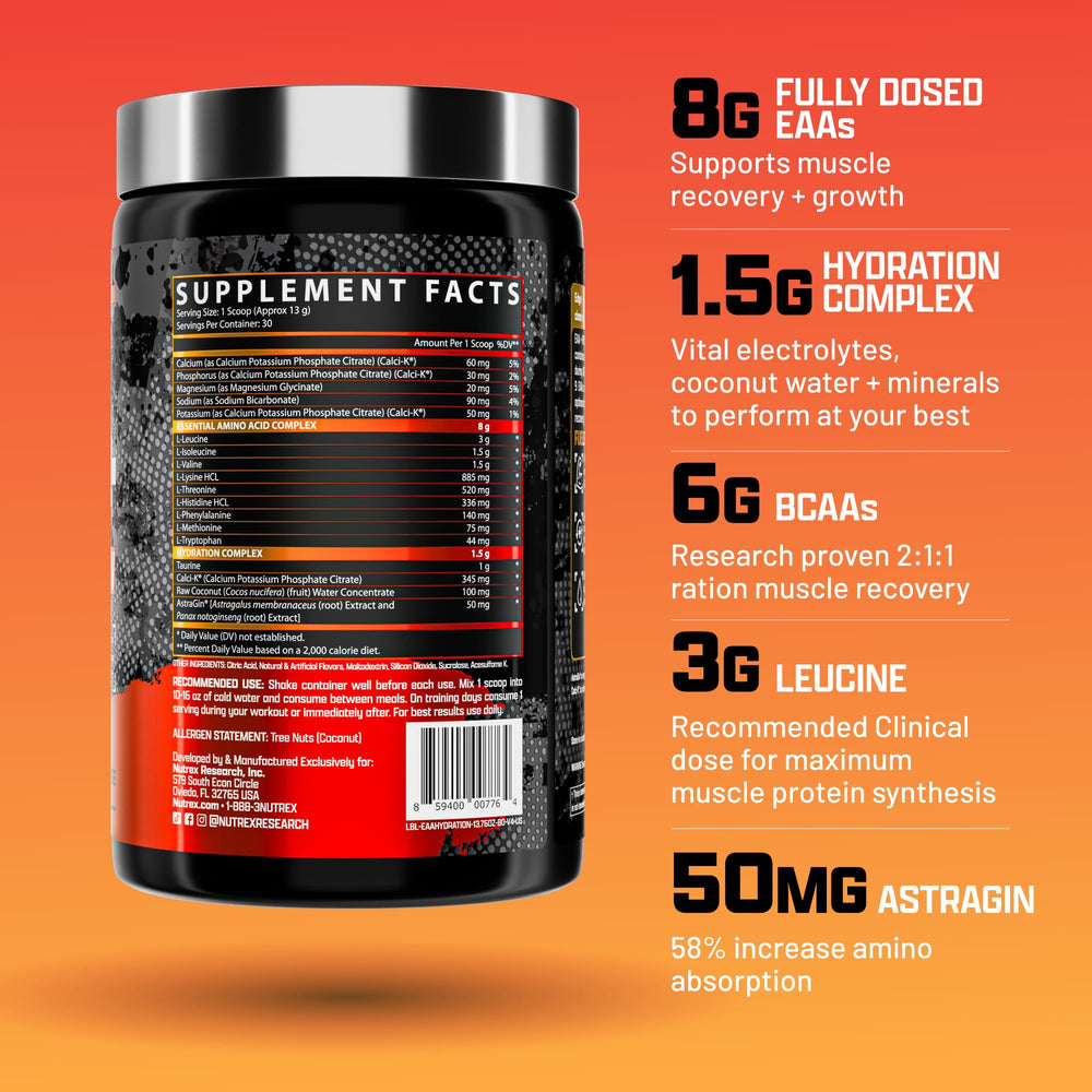 Nutrex Research EAA Hydration measuring scoop for precise amino dosing.