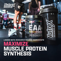 Powder scoop beside Nutrex EAA Hydration tub reveals amino acids and electrolytes for workout support.