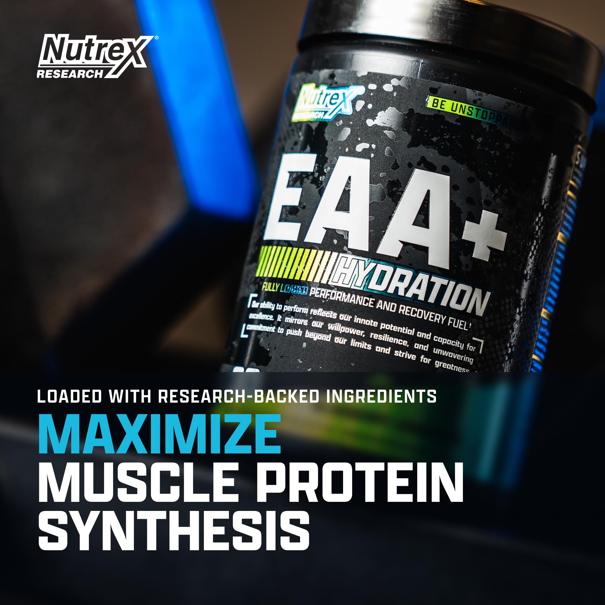 Tub of Nutrex EAA Hydration powder highlighting essential amino acids and electrolytes