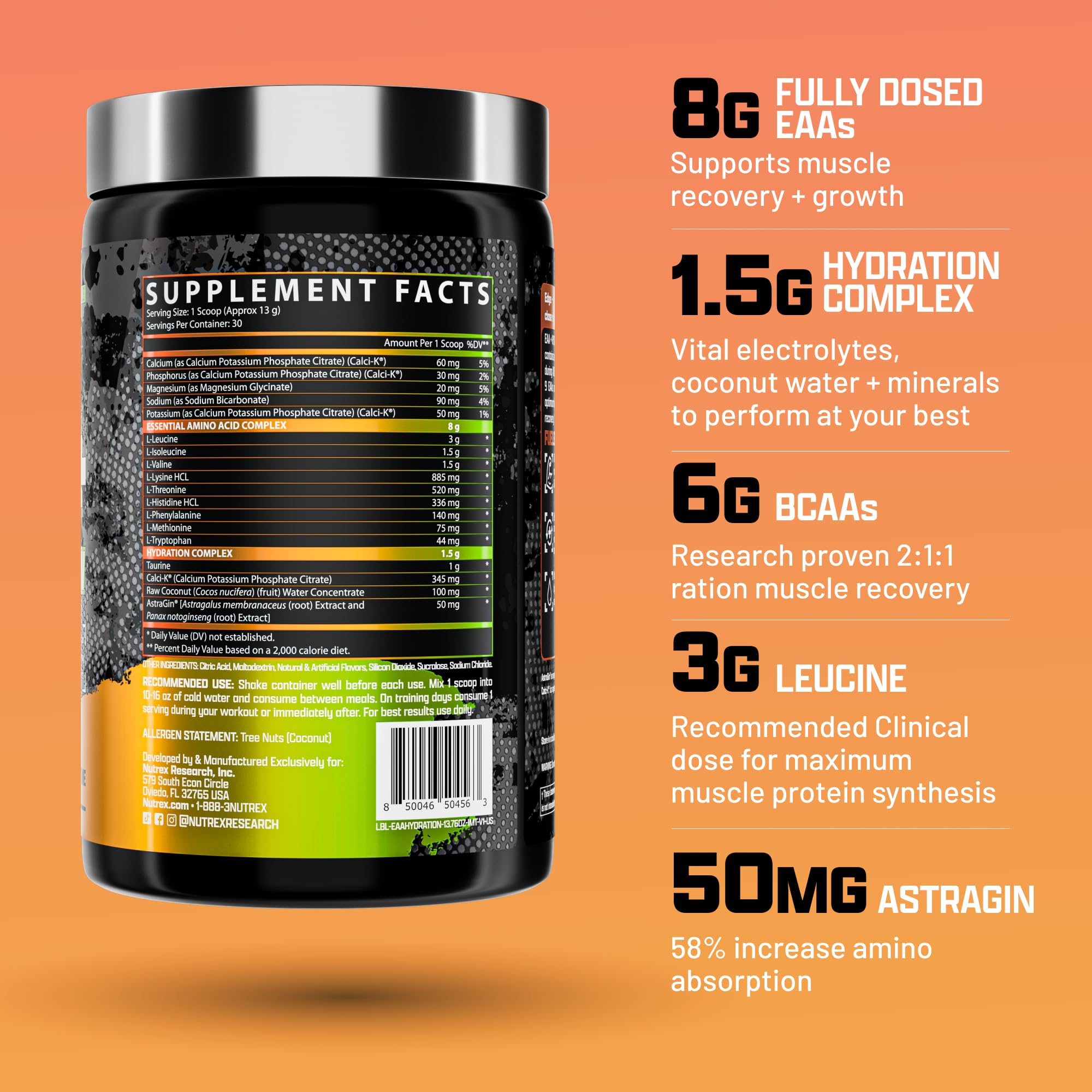 Nutrex Research EAA Hydration scoop beside powder for easy mixing