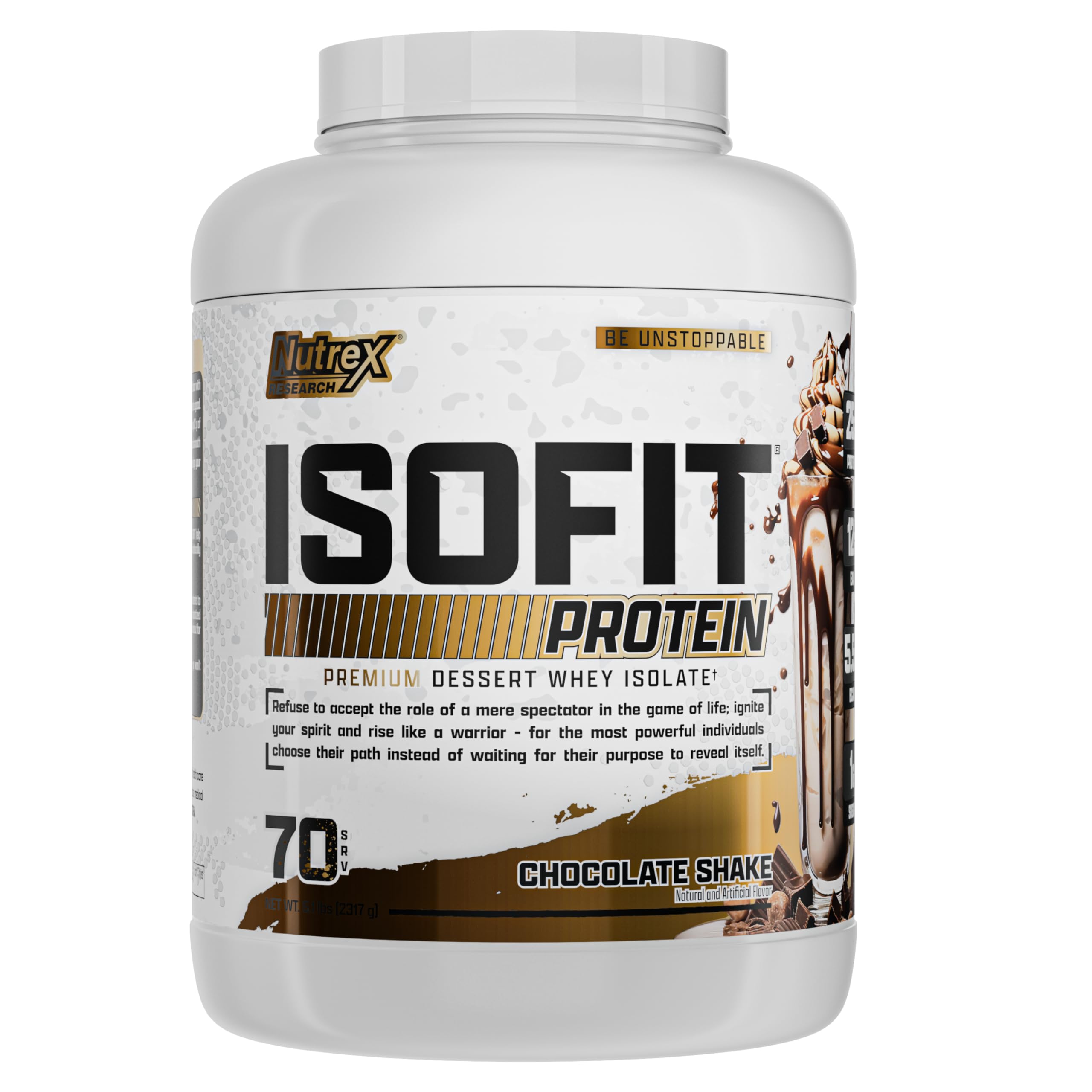 Nutrex IsoFit whey isolate chocolate powder with scoop, highlighting fast recovery potential