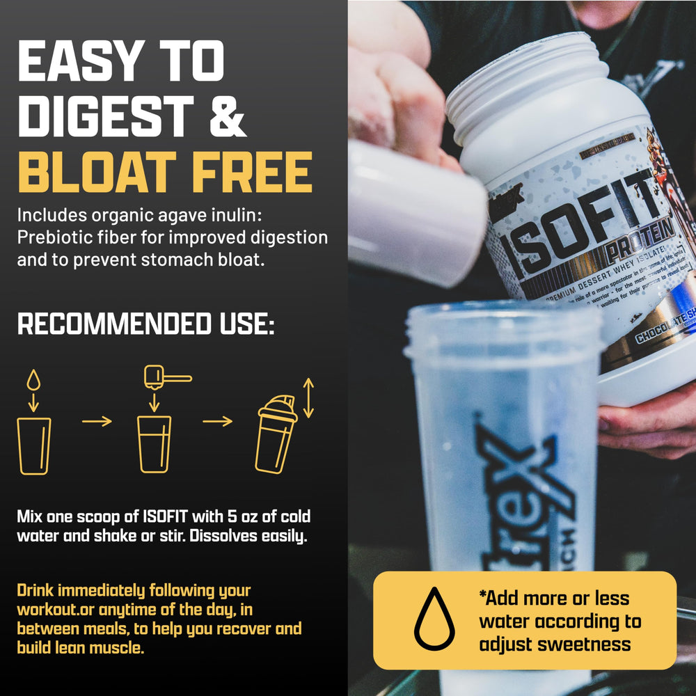 Nutrex IsoFit jar beside glass emphasizes convenient protein mix