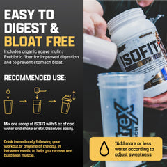 Nutrex IsoFit jar beside glass emphasizes convenient protein mix