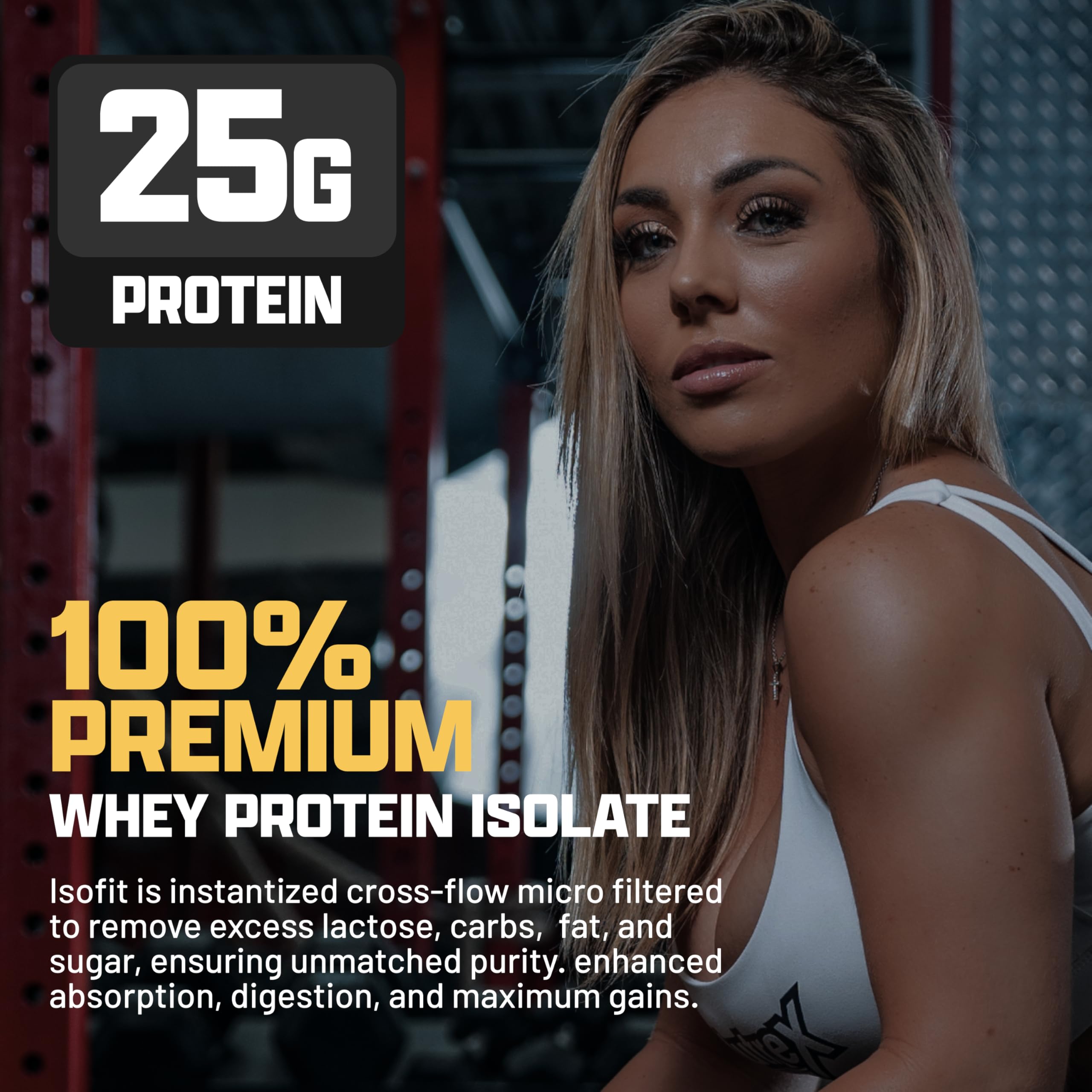Nutrex IsoFit whey powder label shows 30 servings and isolate formula