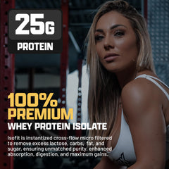 Nutrex IsoFit whey powder label shows 30 servings and isolate formula
