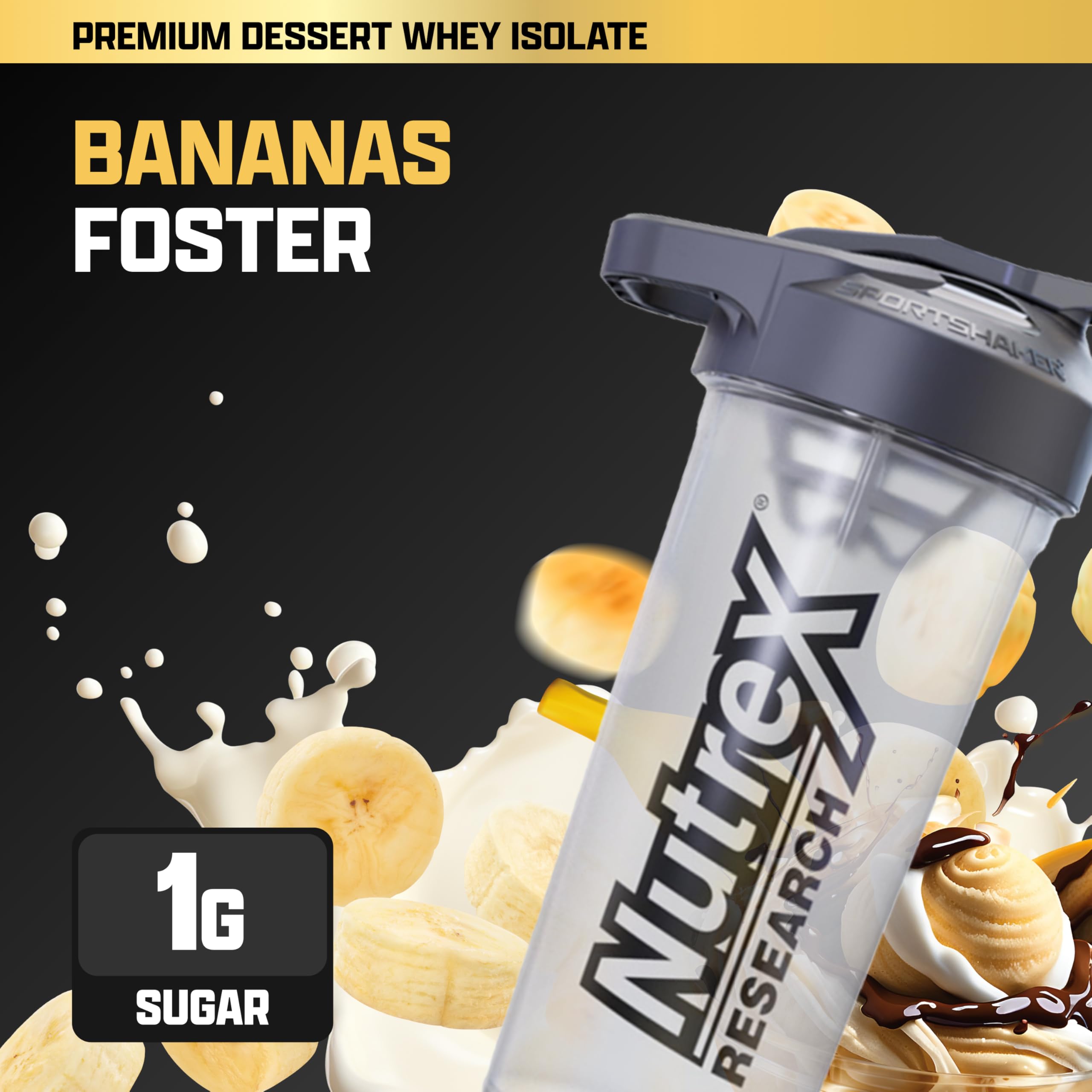 Nutrex IsoFit whey scoop beside jar highlights 25g protein per serving