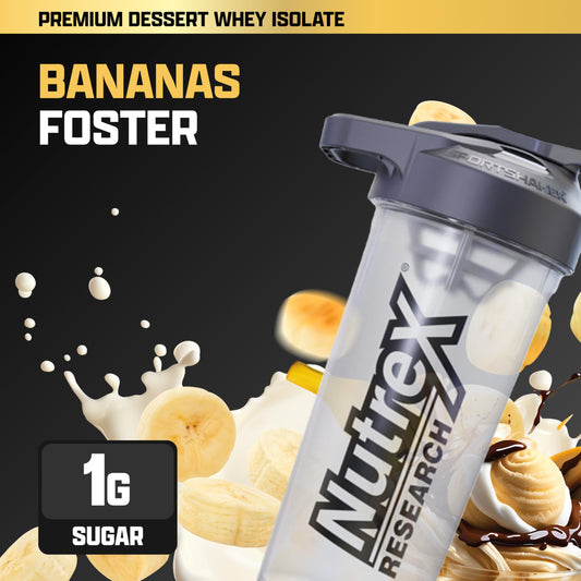 Nutrex IsoFit whey scoop beside jar highlights 25g protein per serving