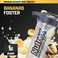 Nutrex IsoFit whey scoop beside jar highlights 25g protein per serving