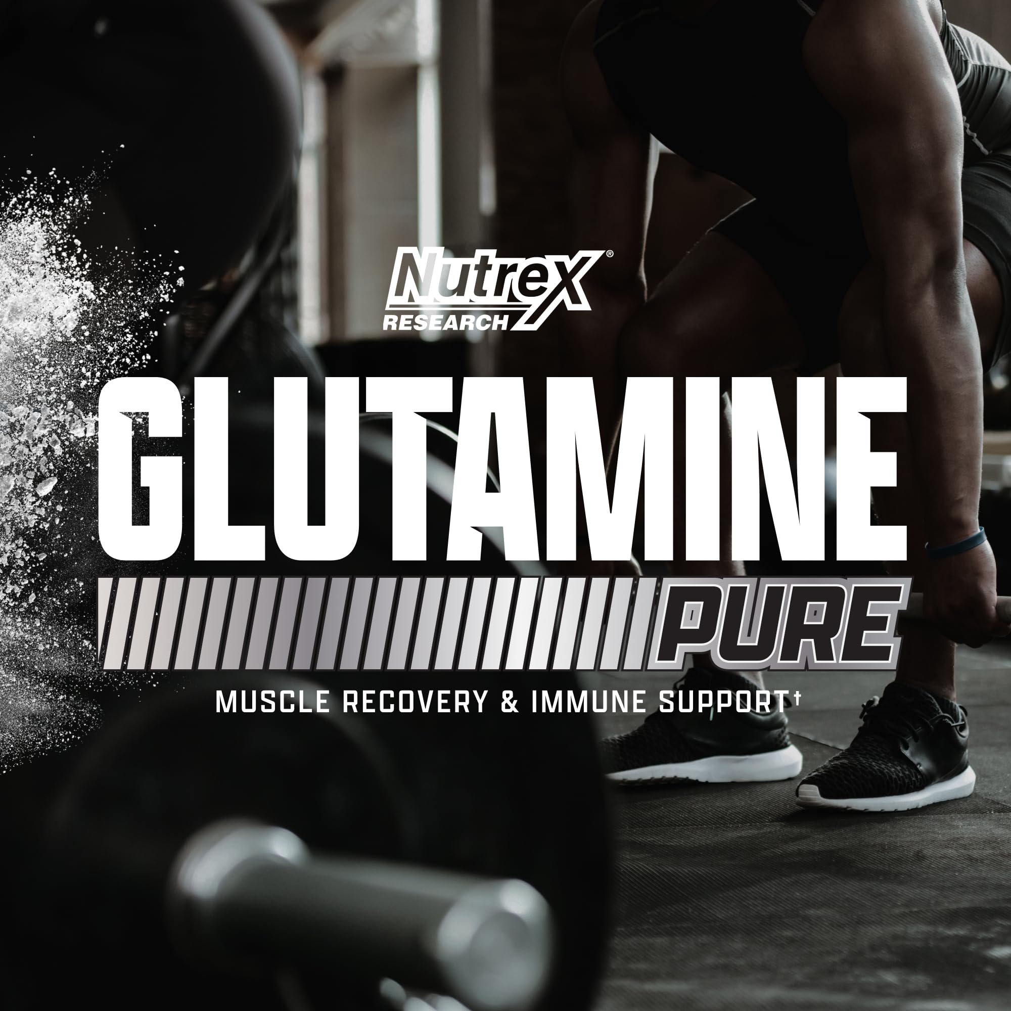 Nutrex Research L-Glutamine bottle beside a shaker ready for a recovery routine.