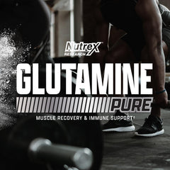 Nutrex Research L-Glutamine bottle beside a shaker ready for a recovery routine.