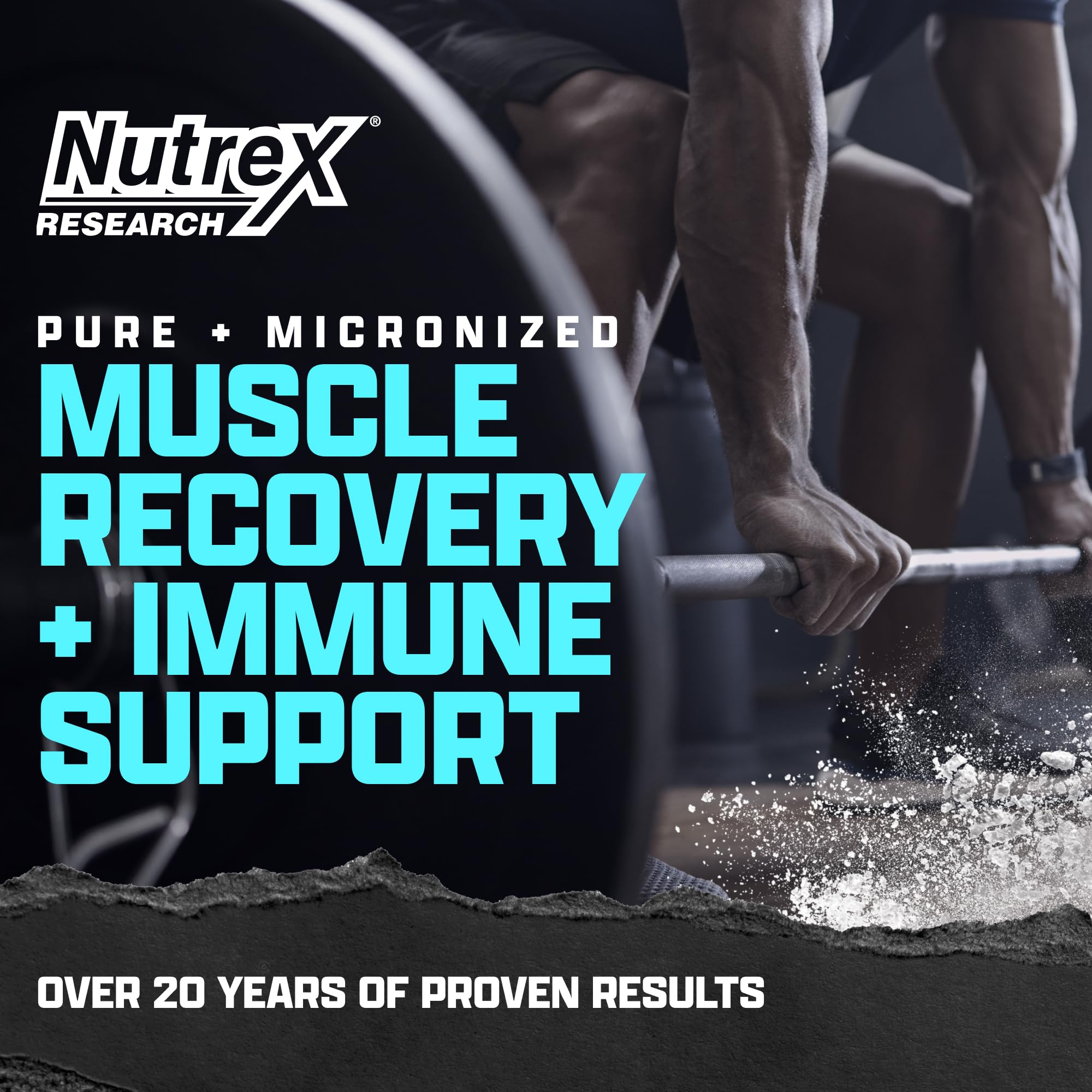 Nutrex Research L-Glutamine package highlighting gluten-free and non-GMO attributes.