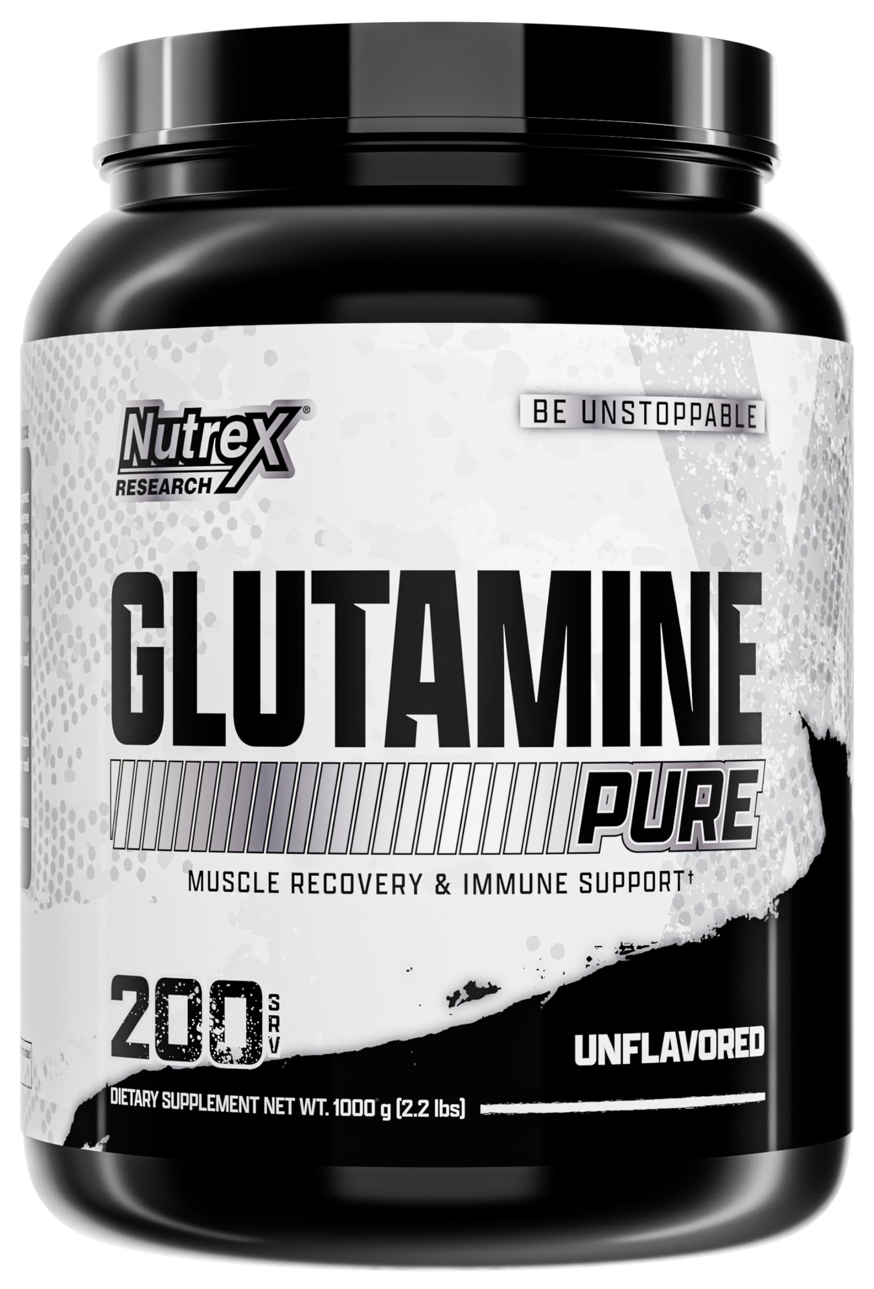 Nutrex Research L-Glutamine powder tub close-up showing pure unflavored formula for post-workout recovery.