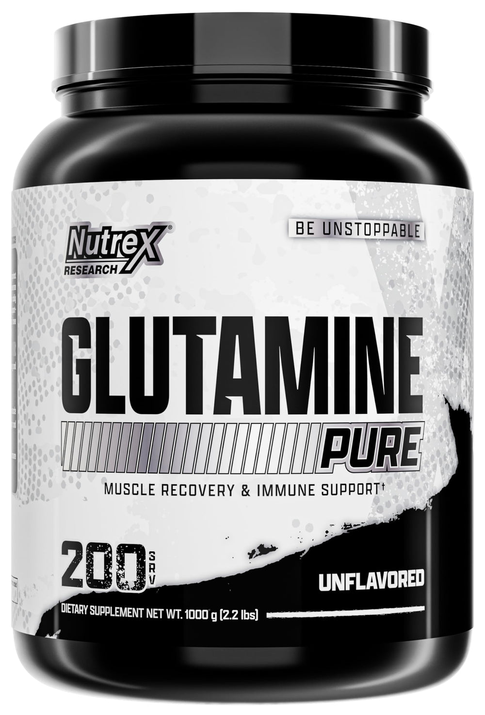 Nutrex Research L-Glutamine powder tub close-up showing pure unflavored formula for post-workout recovery.