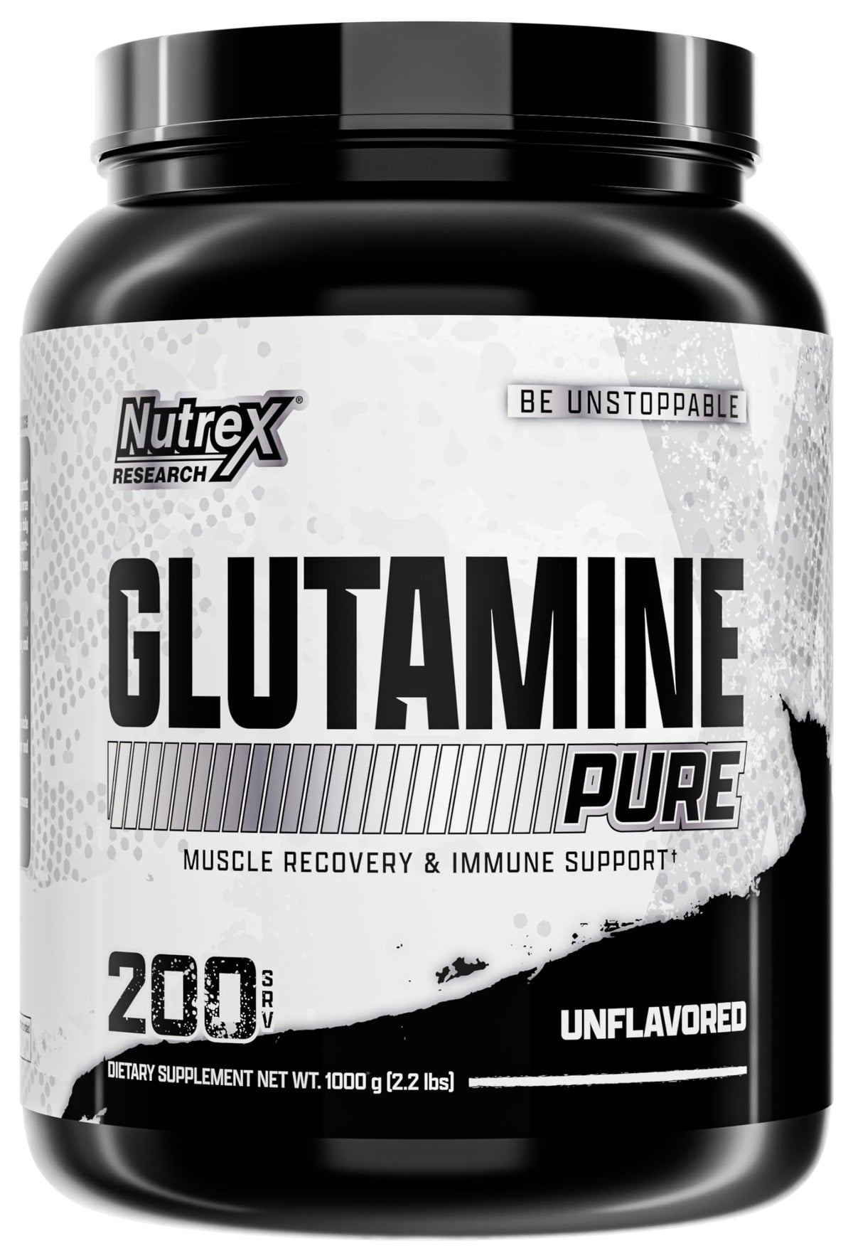 Nutrex Research L-Glutamine powder tub close-up showing pure unflavored formula for post-workout recovery.