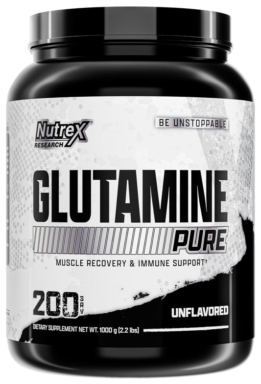 Nutrex Research L-Glutamine powder tub close-up showing pure unflavored formula for post-workout recovery.