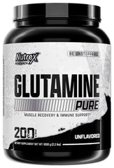 Nutrex Research L-Glutamine powder tub close-up showing pure unflavored formula for post-workout recovery.