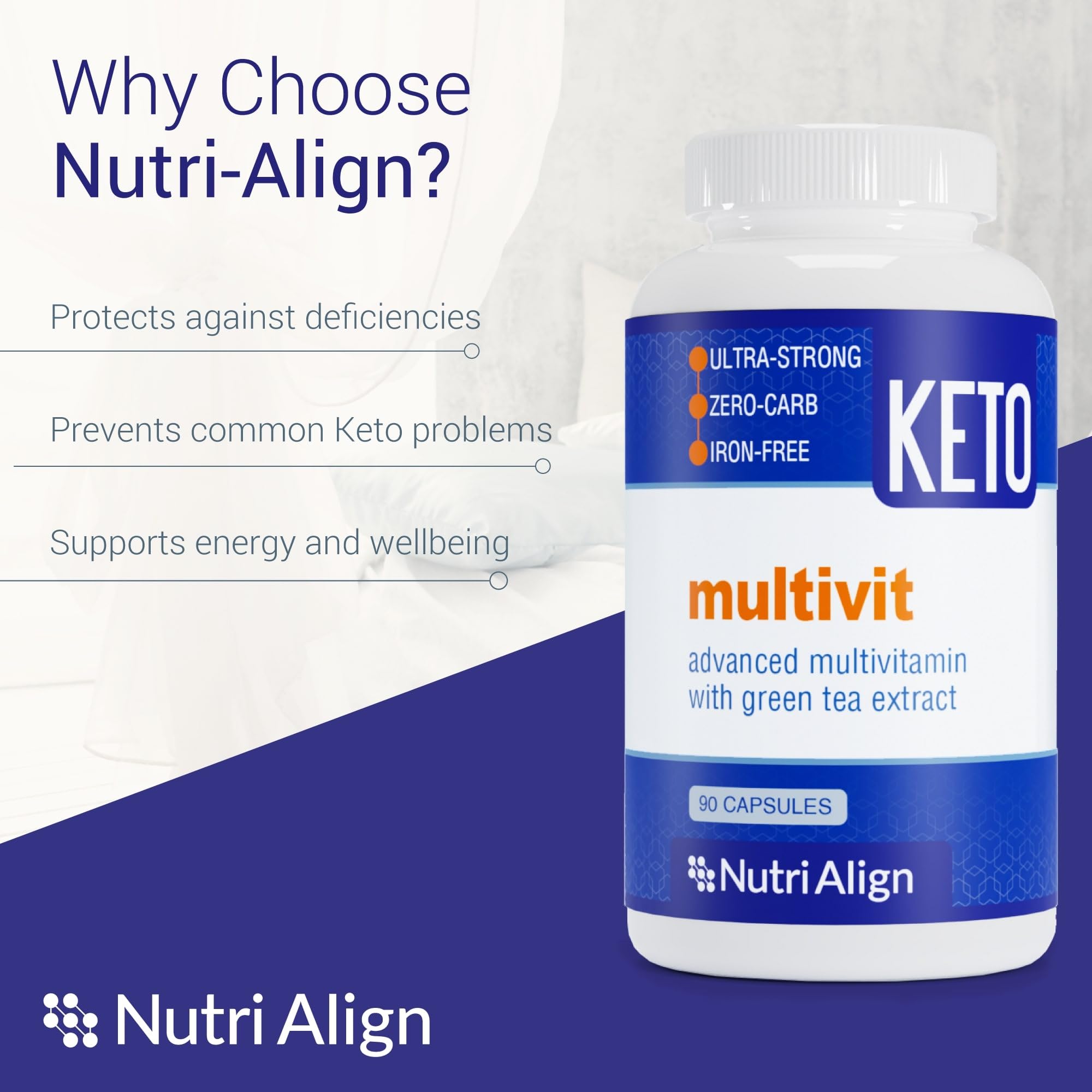 Nutri-Align Keto Multivit capsules close-up highlighting chromium and green tea extract.