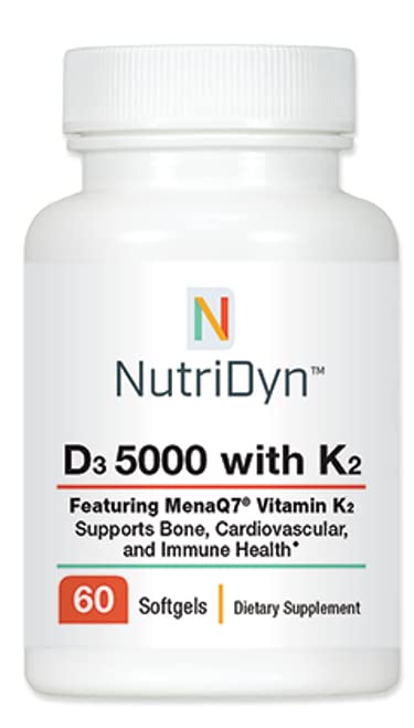 Nutri-Dyn D3 5000 with K2 softgel bottle for daily immune and bone support.