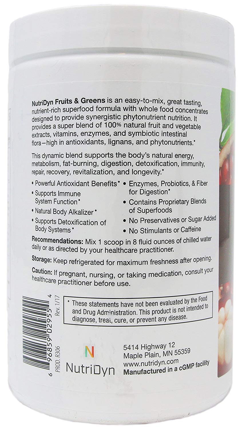 Nutri-Dyn Fruits and Greens serving glass showcases convenient nutrition boost.