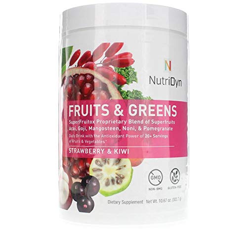 Nutri-Dyn Fruits and Greens tub front highlights organic blend for daily antioxidant support.