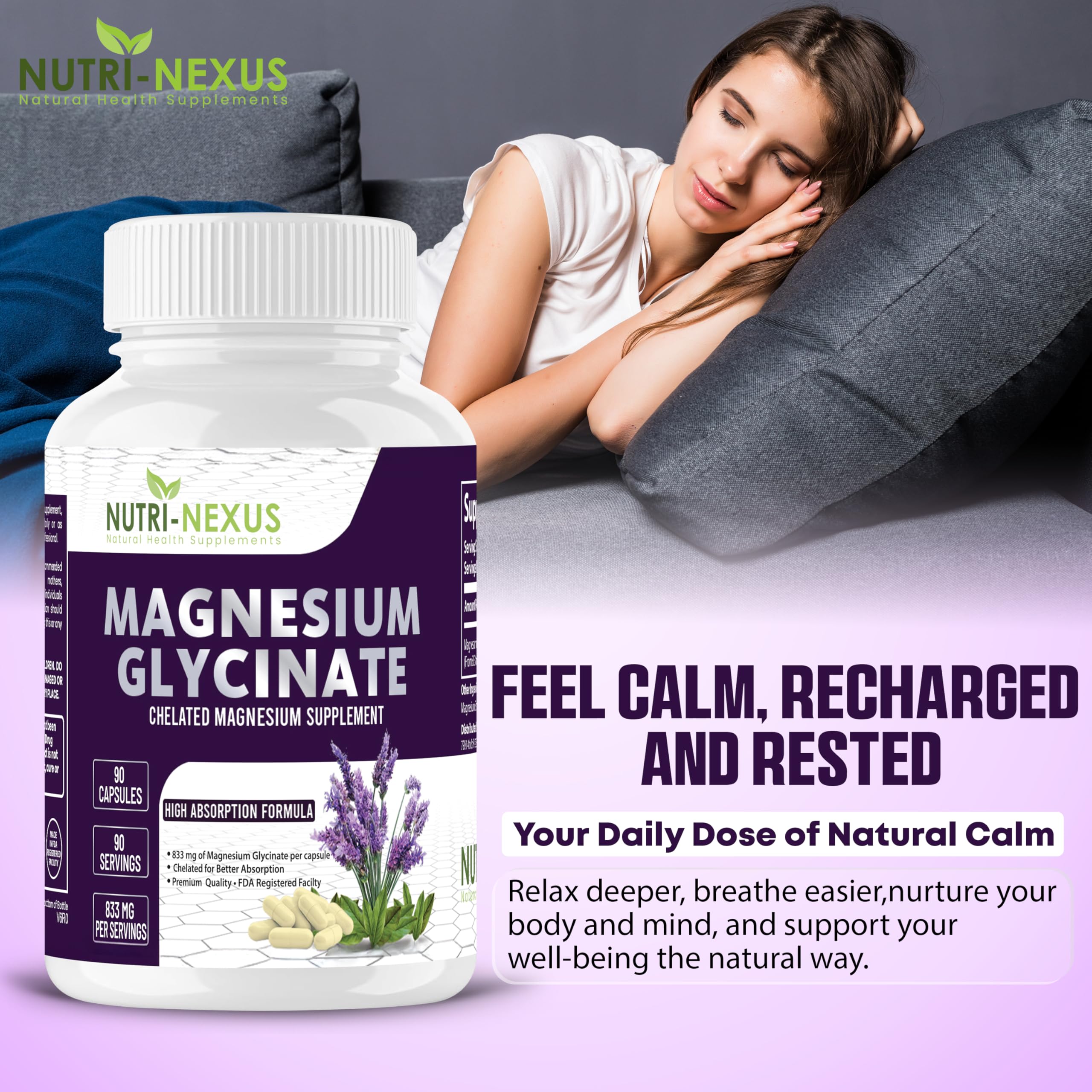 Nutri-Nexus Magnesium Glycinate 833mg bottle top closeup encouraging daily use.