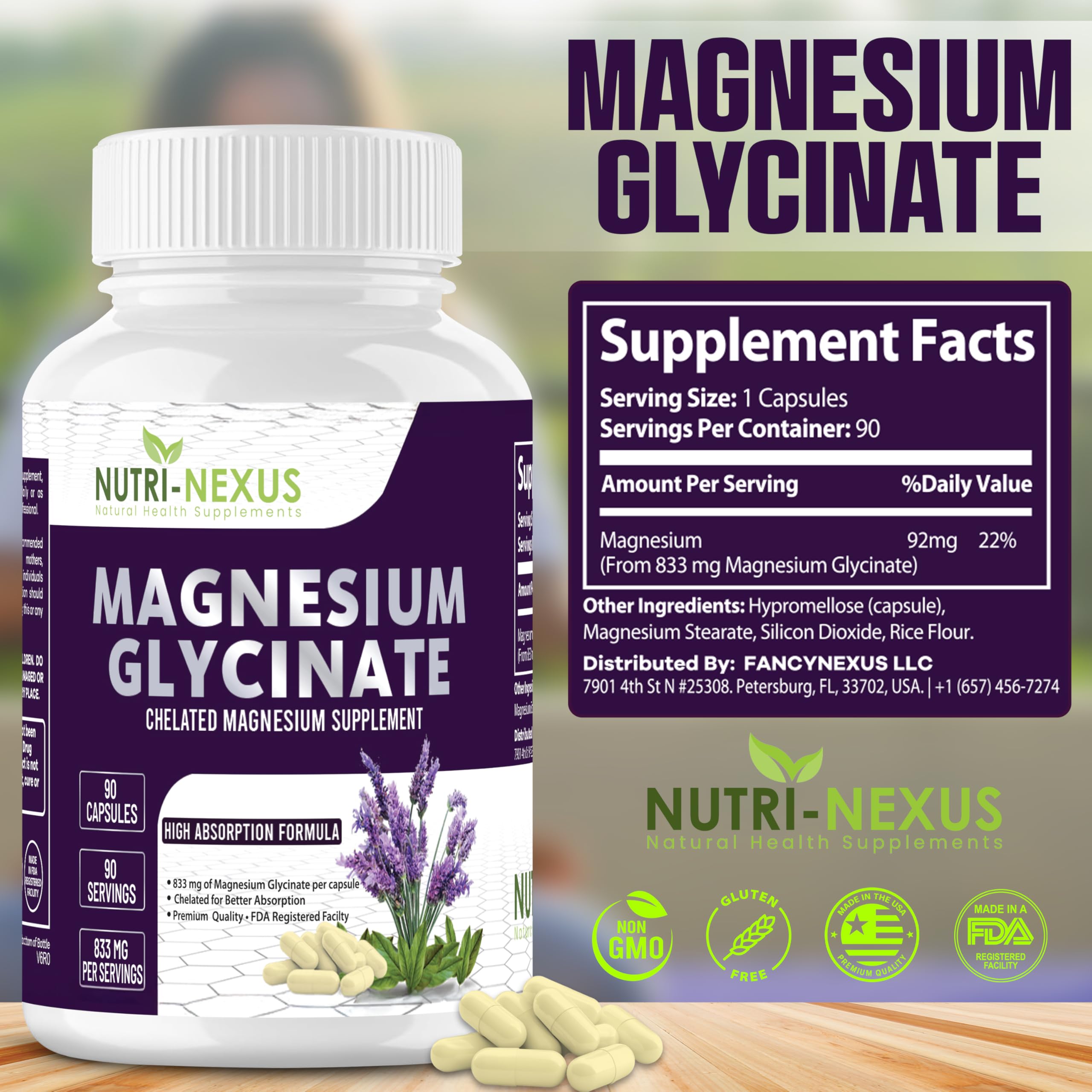 Nutri-Nexus Magnesium Glycinate 833mg capsules closeup of pure vegan formula for daily relaxation.