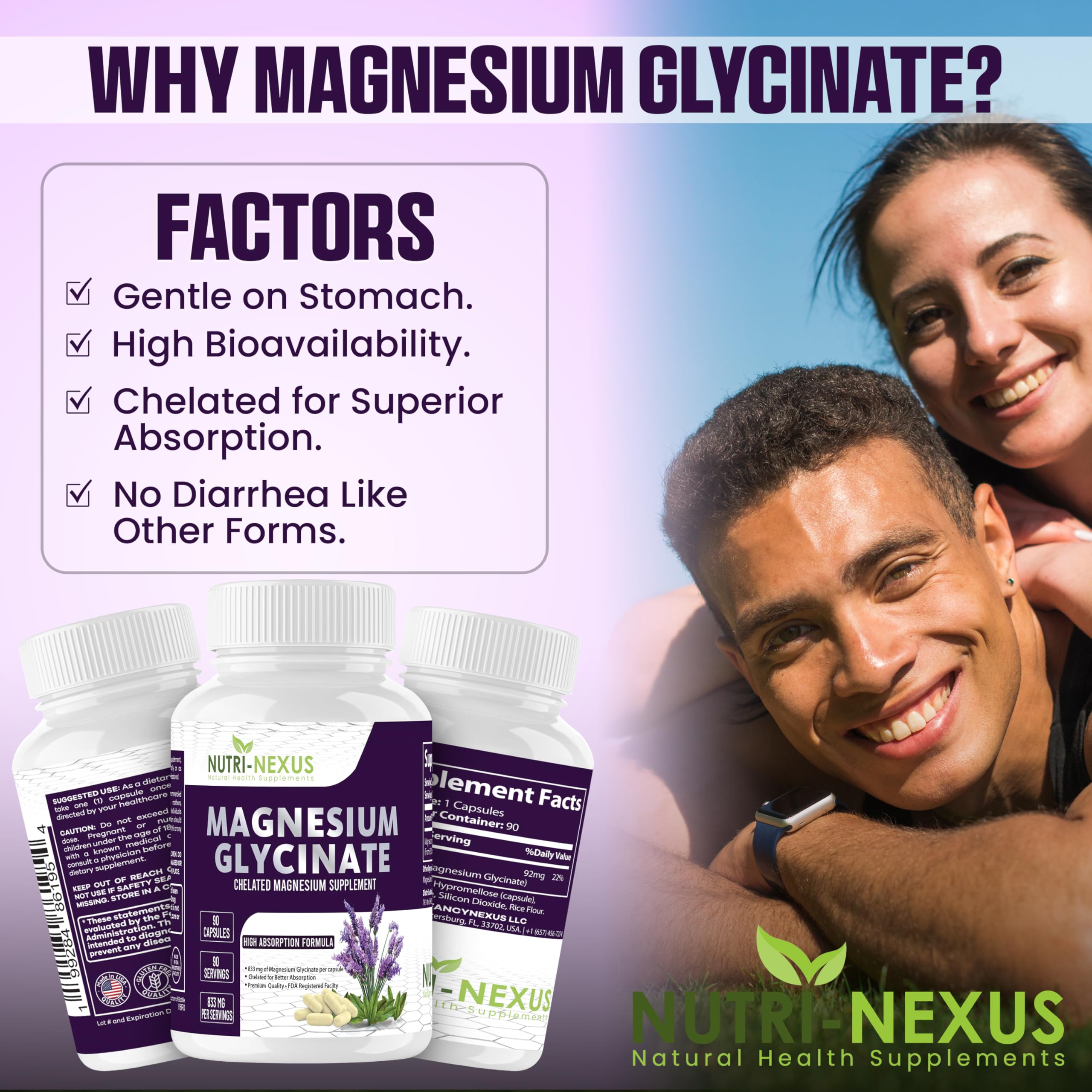Nutri-Nexus Magnesium Glycinate 833mg label detailing chelated magnesium for high bioavailability.